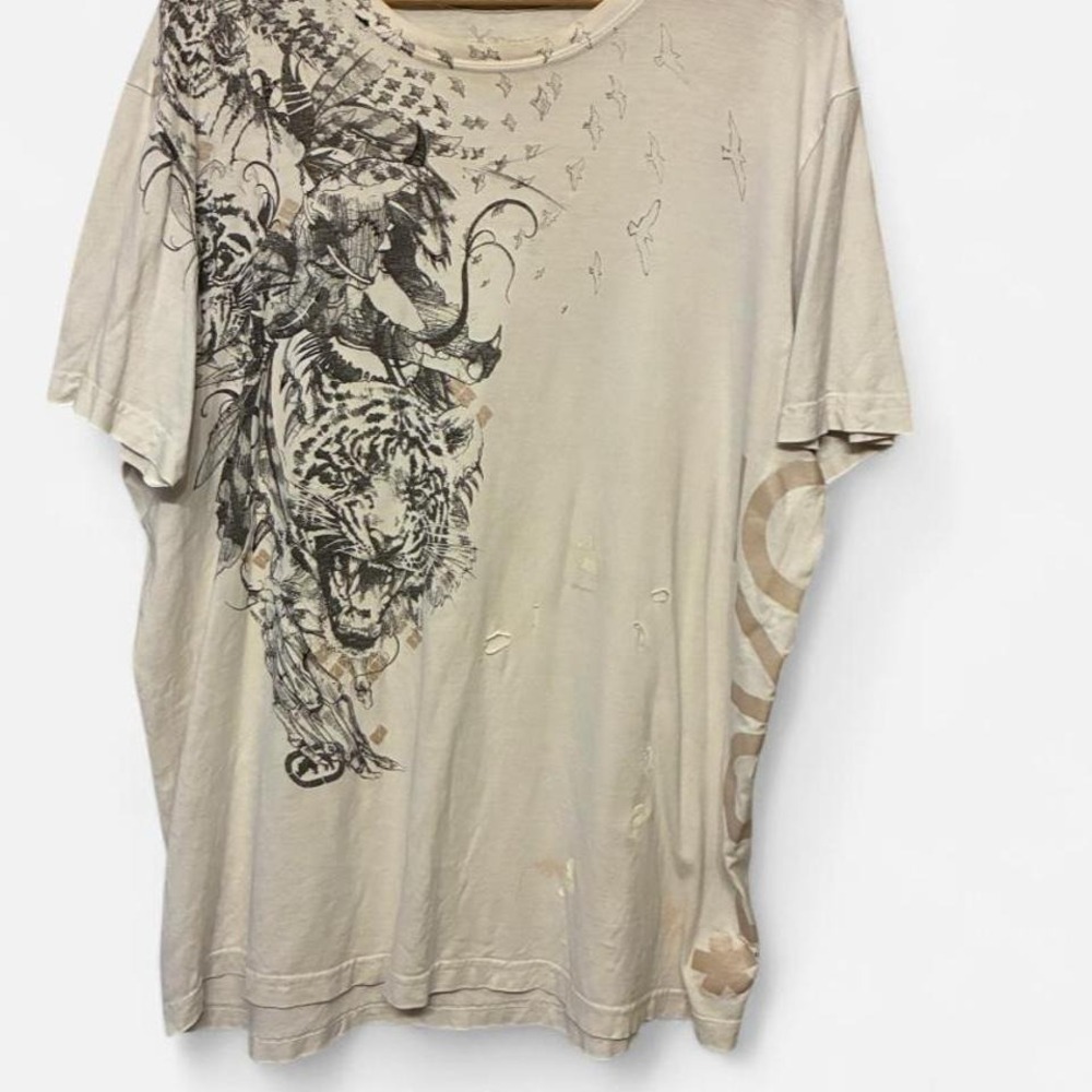 Marc Ecko cut&sew designer crew neck white tiger graphic tee distressed Men Sz L